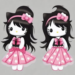 Create an image of Hello Kitty with long black hair