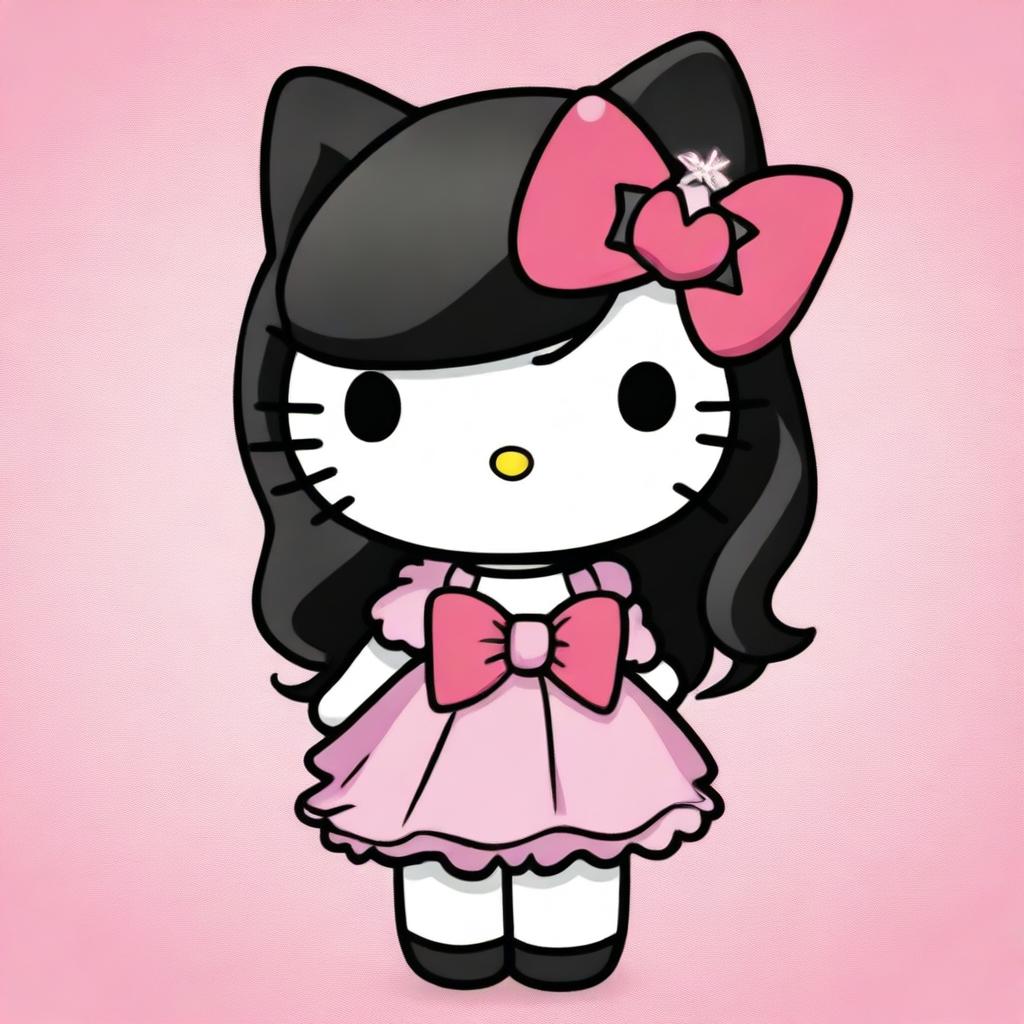 Create an image of Hello Kitty with long black hair