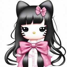 Create an image of Hello Kitty with long black hair