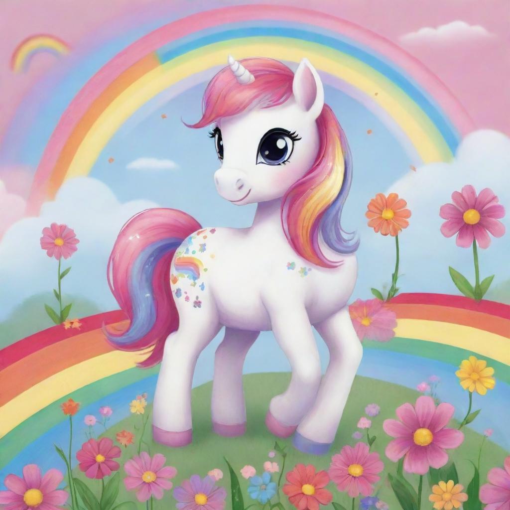 A colorful and cute little pony in a magical land full of rainbows and pretty flowers.