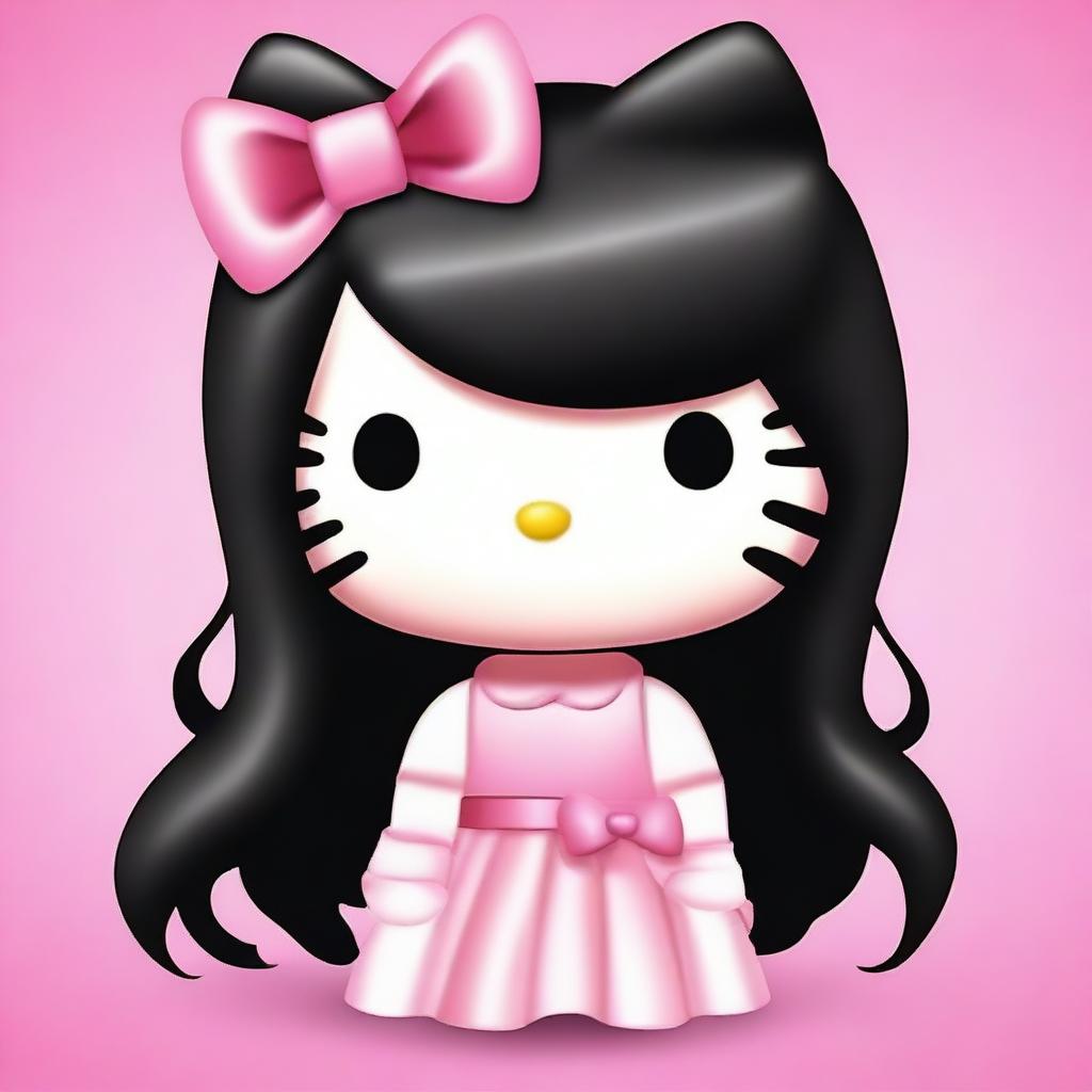 Create an image of Hello Kitty with long, straight black hair