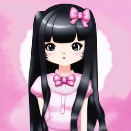 Create an image of Hello Kitty with long, straight black hair