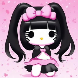 Create an image of Hello Kitty with long, straight black hair