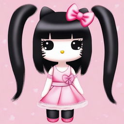 Create an image of Hello Kitty with long, straight black hair