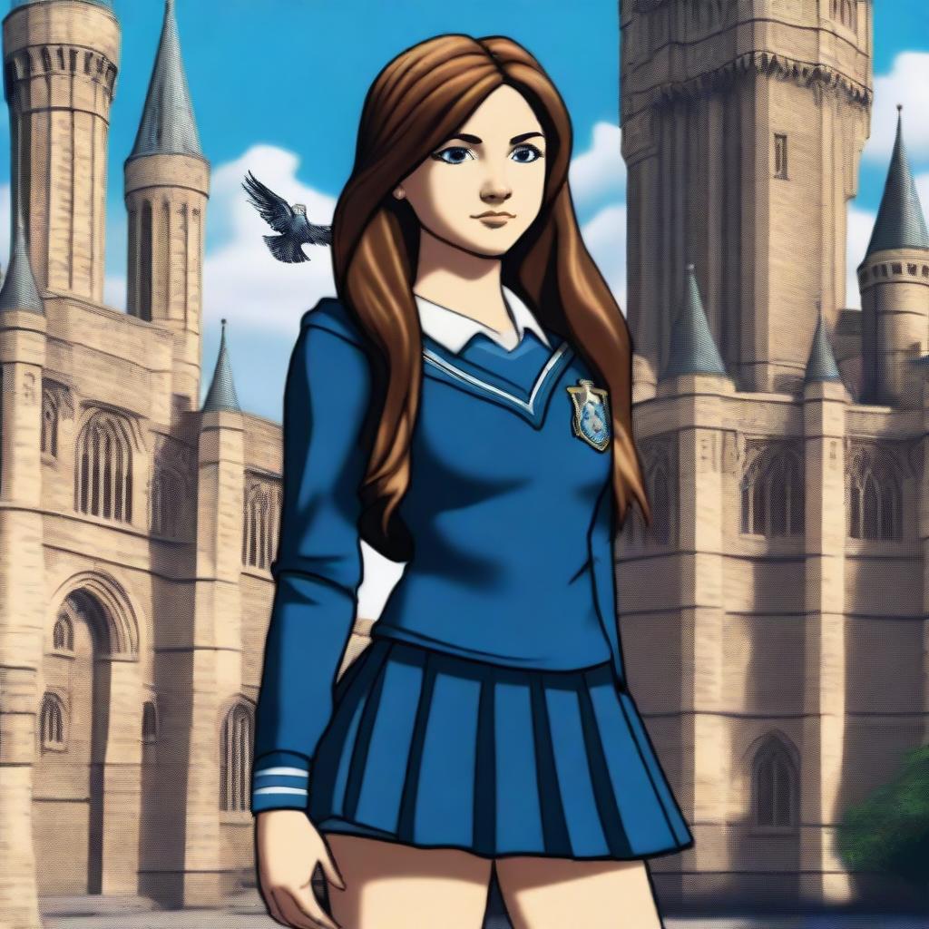 A girl in a Hogwarts Ravenclaw uniform with a short skirt and long grey socks