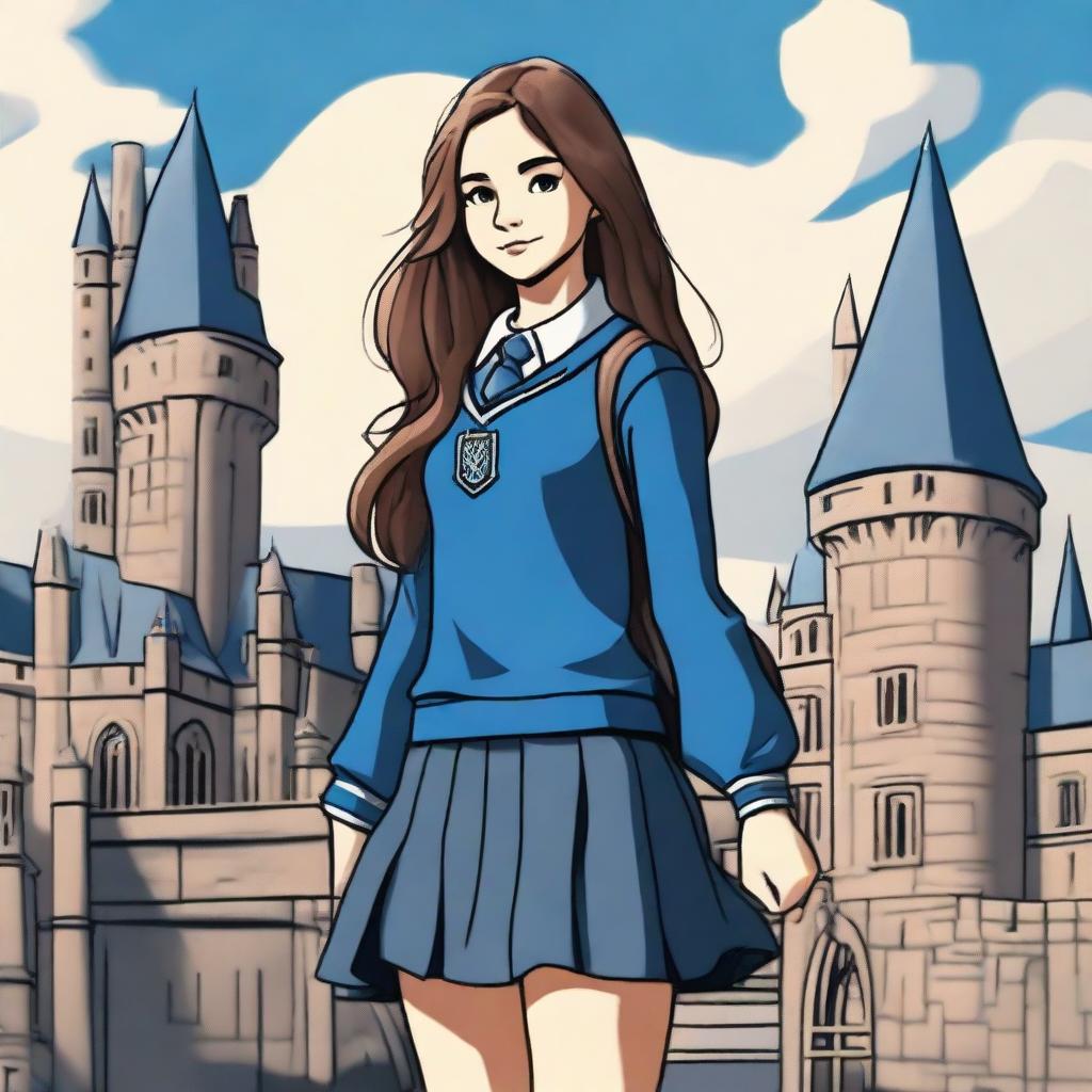 A girl in a Hogwarts Ravenclaw uniform with a short skirt and long grey socks