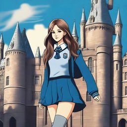 A girl in a Hogwarts Ravenclaw uniform with a short skirt and long grey socks