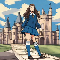 A girl in a Hogwarts Ravenclaw uniform with a short skirt and long grey socks