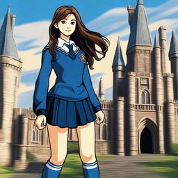 A girl in a Hogwarts Ravenclaw uniform with a short skirt and long grey socks