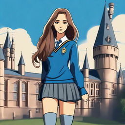 A girl in a Hogwarts Ravenclaw uniform with a short skirt and long grey socks