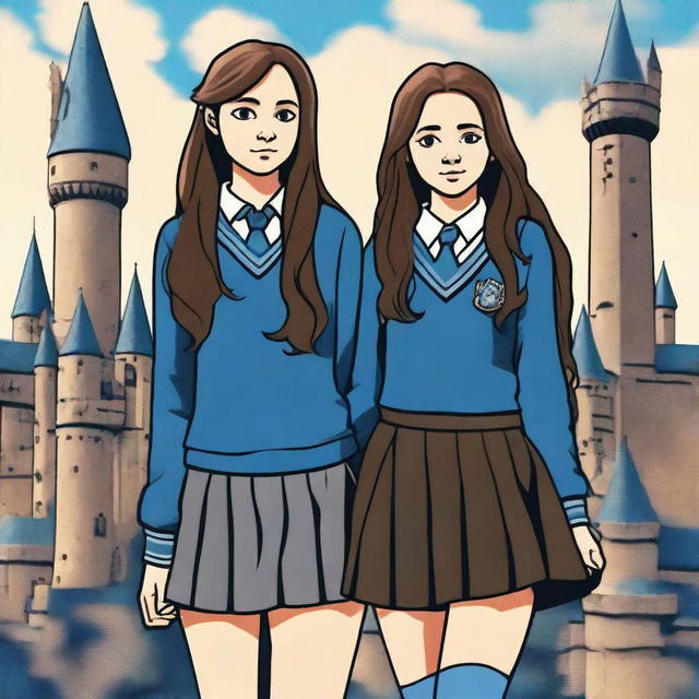 A girl in a Hogwarts Ravenclaw uniform with a short skirt and long grey socks