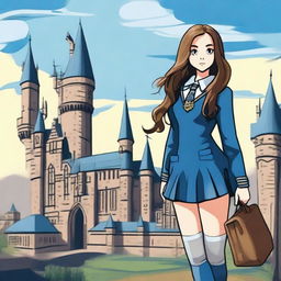 A girl in a Hogwarts Ravenclaw uniform with a short skirt and long grey socks