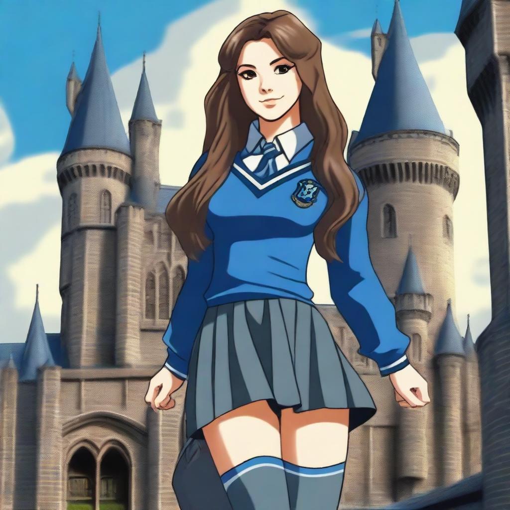 A girl in a Hogwarts Ravenclaw uniform with a short skirt and long grey socks