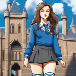 A girl in a Hogwarts Ravenclaw uniform with a short skirt and long grey socks