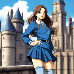 A girl in a Hogwarts Ravenclaw uniform with a short skirt and long grey socks