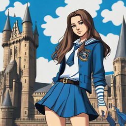 A girl in a Hogwarts Ravenclaw uniform with a short skirt and long grey socks