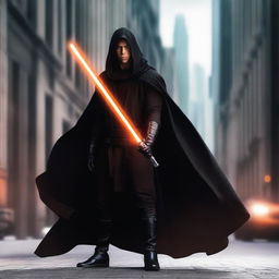 A young, attractive, hispanic male Jedi Knight in black robes with an orange lightsaber