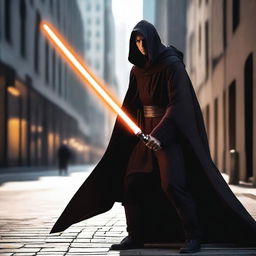 A young, attractive, hispanic male Jedi Knight in black robes with an orange lightsaber