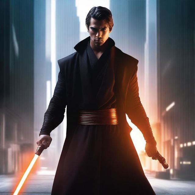 A young, attractive, hispanic male Jedi Knight in black robes with an orange lightsaber