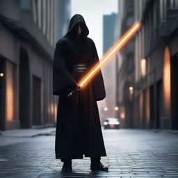 A young, attractive, hispanic male Jedi Knight in black robes with an orange lightsaber