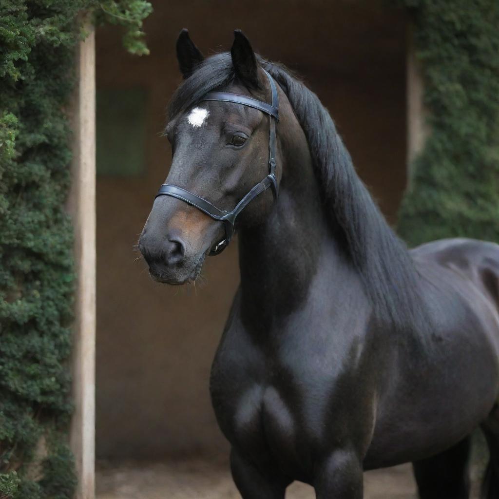 A masculine dark pony that is stylishly using a black blindfold in a whimsical setting.