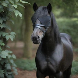 A masculine dark pony that is stylishly using a black blindfold in a whimsical setting.
