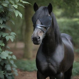 A masculine dark pony that is stylishly using a black blindfold in a whimsical setting.