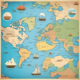 Create a detailed and vibrant map featuring seven distinct continents