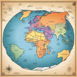 Create a detailed and vibrant map featuring seven distinct continents