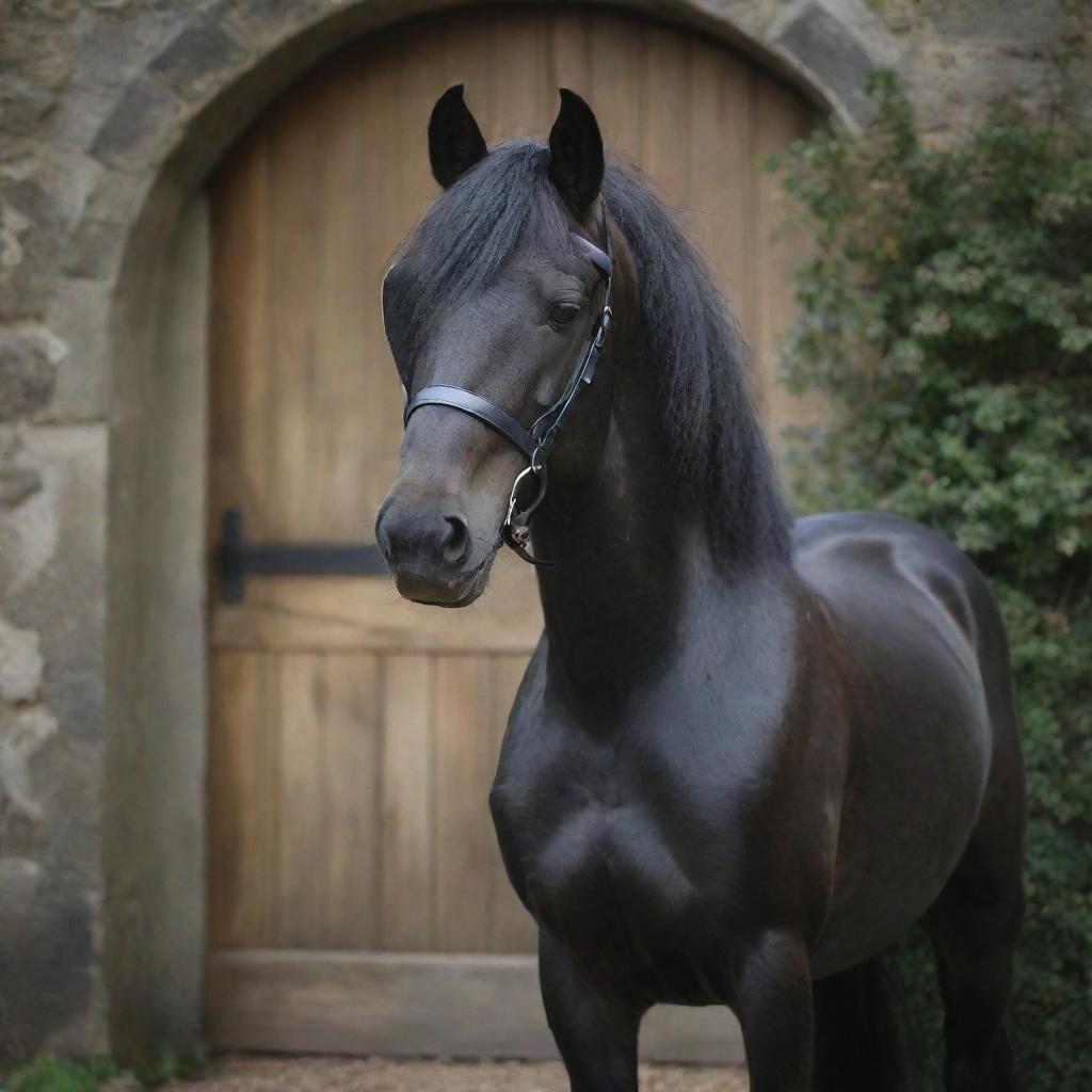 A masculine dark pony that is stylishly using a black blindfold in a whimsical setting.