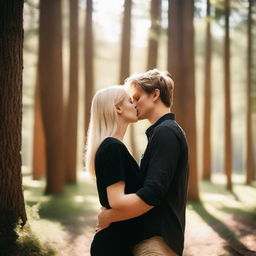 A couple kissing in a serene forest