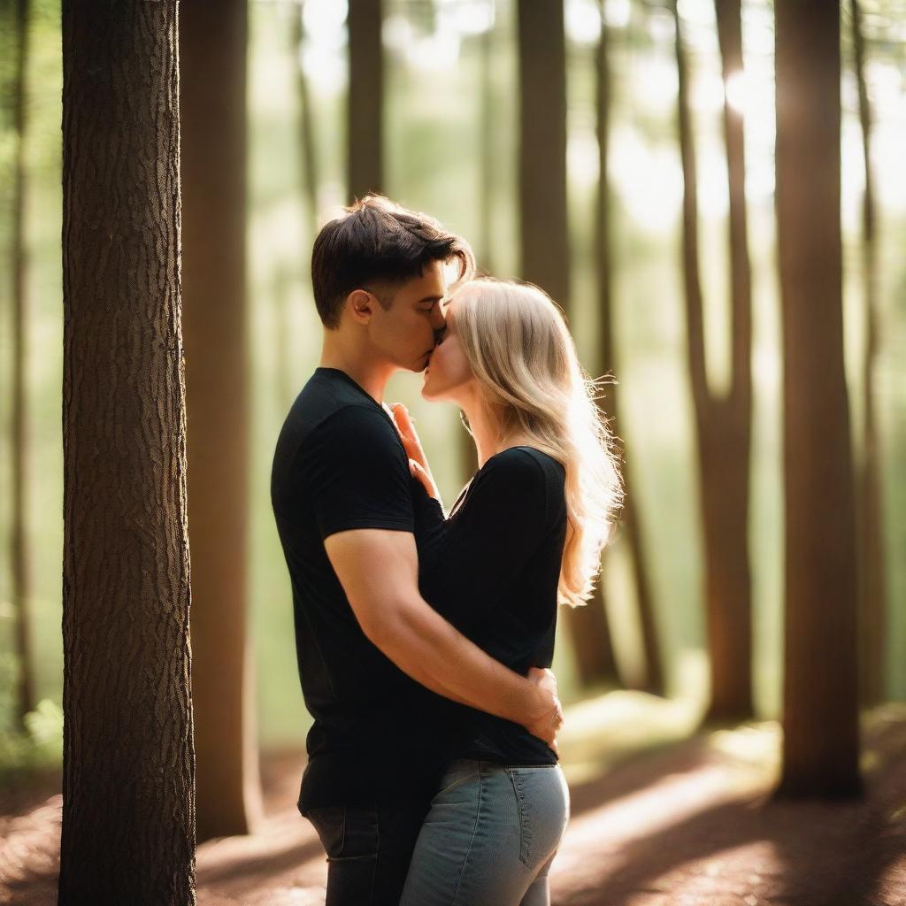 A couple kissing in a serene forest