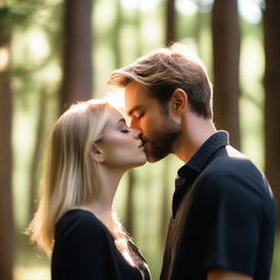 A couple kissing in a serene forest