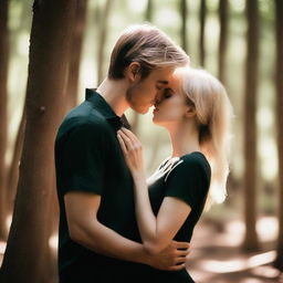 A couple kissing in a serene forest