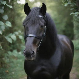 A masculine dark pony that is stylishly using a black blindfold in a whimsical setting.