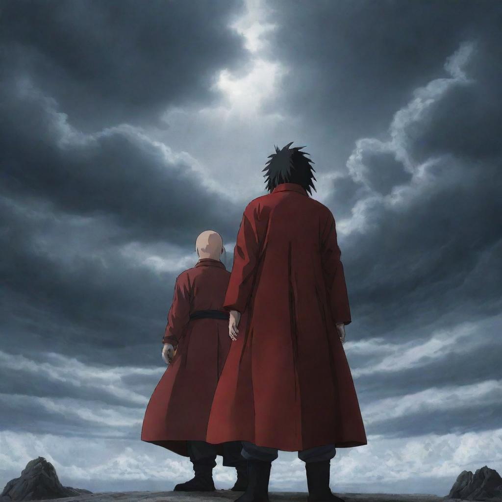 Madara Uchiha from Naruto and Saitama from One Punch Man standing back to back under a dramatic sky.