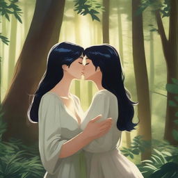 A romantic scene in the woods featuring a masc woman with short black hair kissing a femme woman with long blonde hair