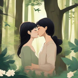 A romantic scene in the woods featuring a masc woman with short black hair kissing a femme woman with long blonde hair