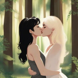 A romantic scene in the woods featuring a masc woman with short black hair kissing a femme woman with long blonde hair