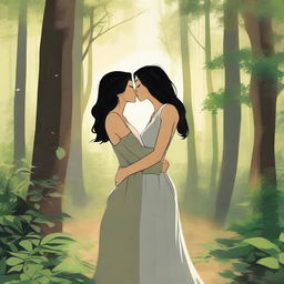 A romantic scene in the woods featuring a masc woman with short black hair kissing a femme woman with long blonde hair