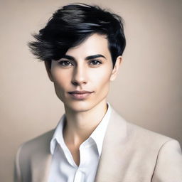 A portrait of a feminine man with short black hair