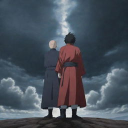 Madara Uchiha from Naruto and Saitama from One Punch Man standing back to back under a dramatic sky.