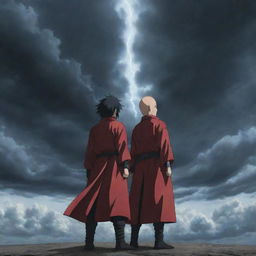 Madara Uchiha from Naruto and Saitama from One Punch Man standing back to back under a dramatic sky.