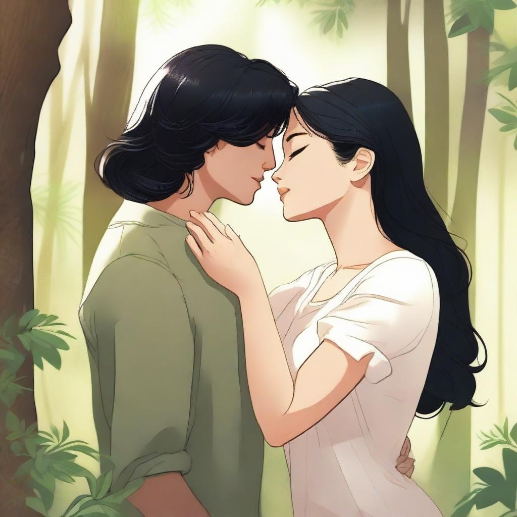 A masculine woman with short black hair is kissing a feminine woman with long blonde hair in a serene forest setting