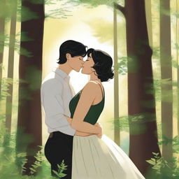 A masculine woman with short black hair is kissing a feminine woman with long blonde hair in a serene forest setting