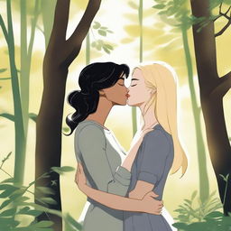 A masculine woman with short black hair is kissing a feminine woman with long blonde hair in a serene forest setting