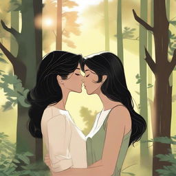 A masculine woman with short black hair is kissing a feminine woman with long blonde hair in a serene forest setting