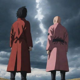 Madara Uchiha from Naruto and Saitama from One Punch Man standing back to back under a dramatic sky.