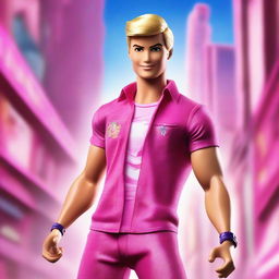 A cinematic poster featuring Ken, the iconic character from the Barbie universe, in a dramatic and adventurous movie setting