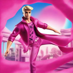 A cinematic poster featuring Ken, the iconic character from the Barbie universe, in a dramatic and adventurous movie setting